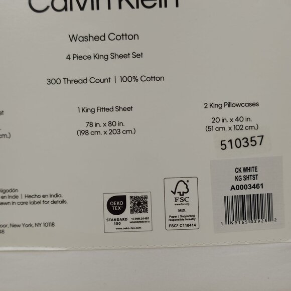 Calvin Klein Washed Cotton 4 Piece King Sheet Set 300 Thread Count White - Picture 6 of 8